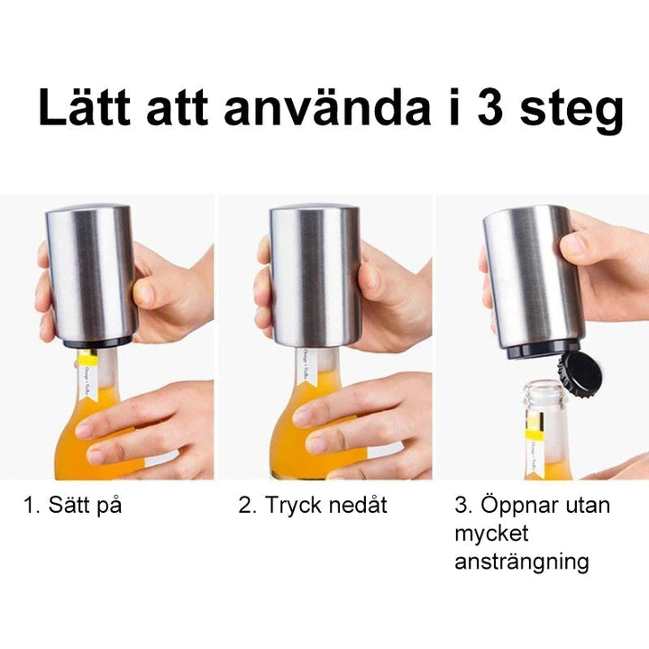 "Automatisk magnetisk ölflasköppnare i rostfritt stål, elegant design i moderna färger som Rosa Guld och Svart."