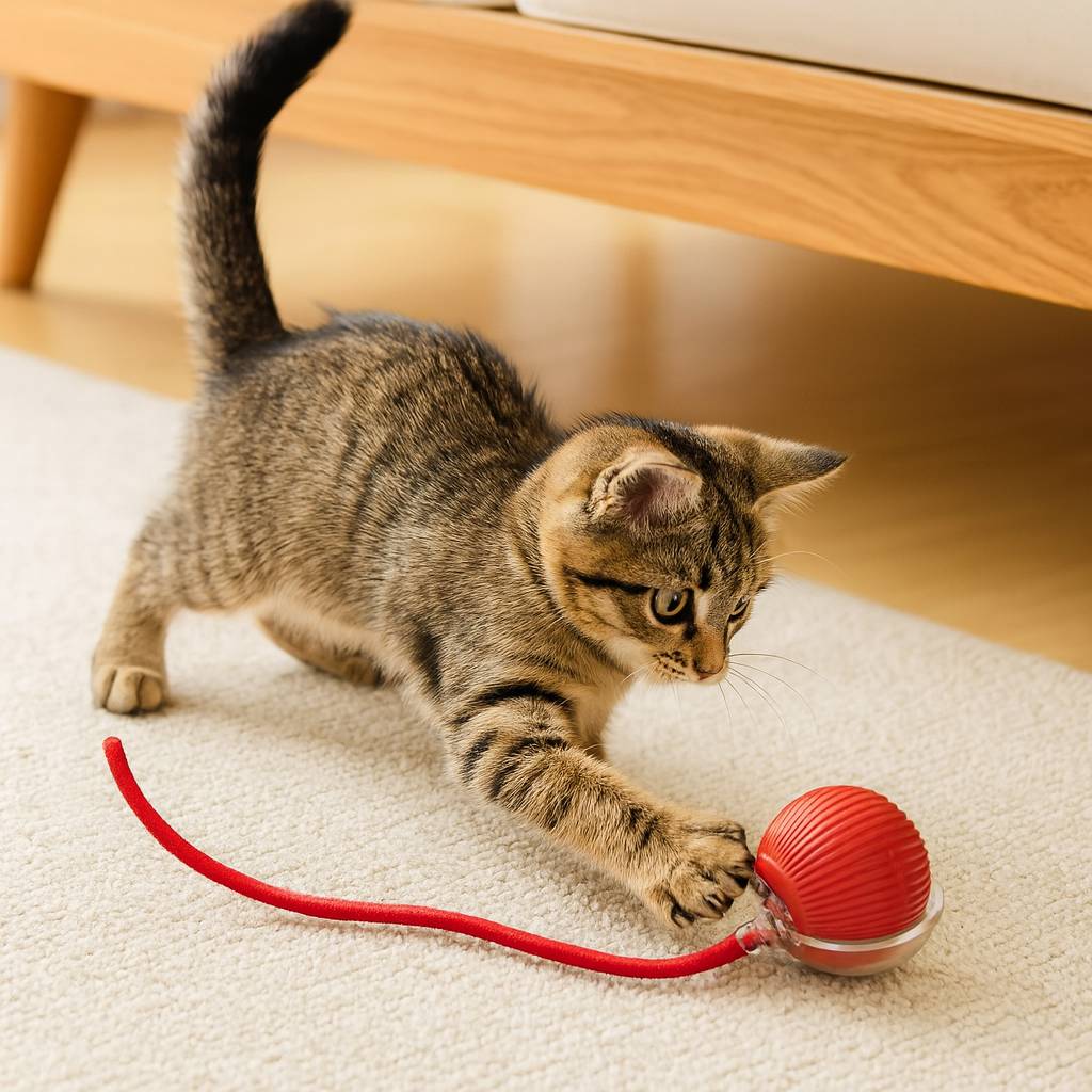 Elektrisk kattleksak: smart rullboll med fjädersvans. Perfekt för lek och aktivering av din katt.