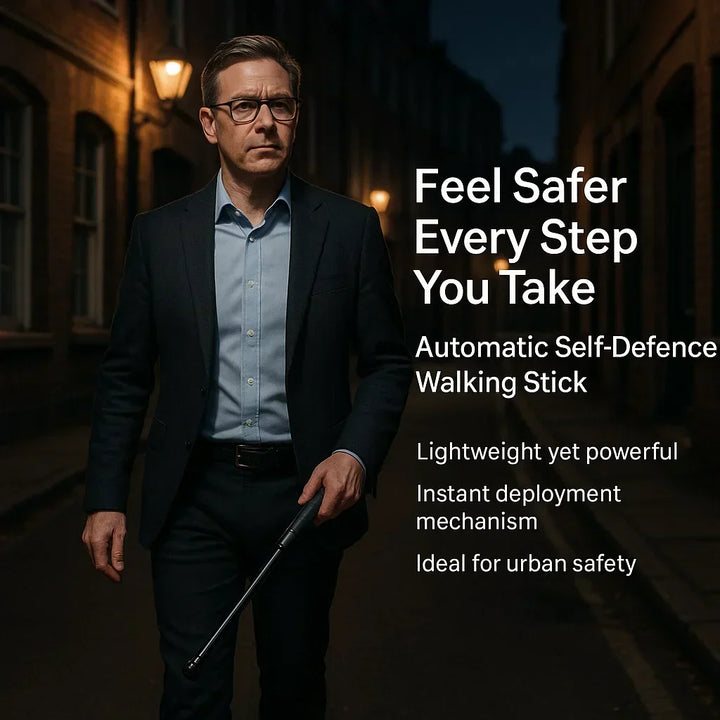 Självförsvarspinne i utdraget läge, demonstrerar dess räckvidd för ökat skydd.