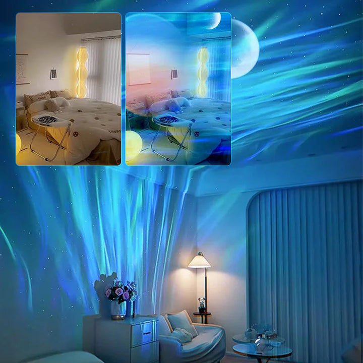 "Automatisk stjärnhimmel lampa med 3D-effekt, RGB-färger och fjärrkontroll för hemmet. Elegant och fascinerande belysning."