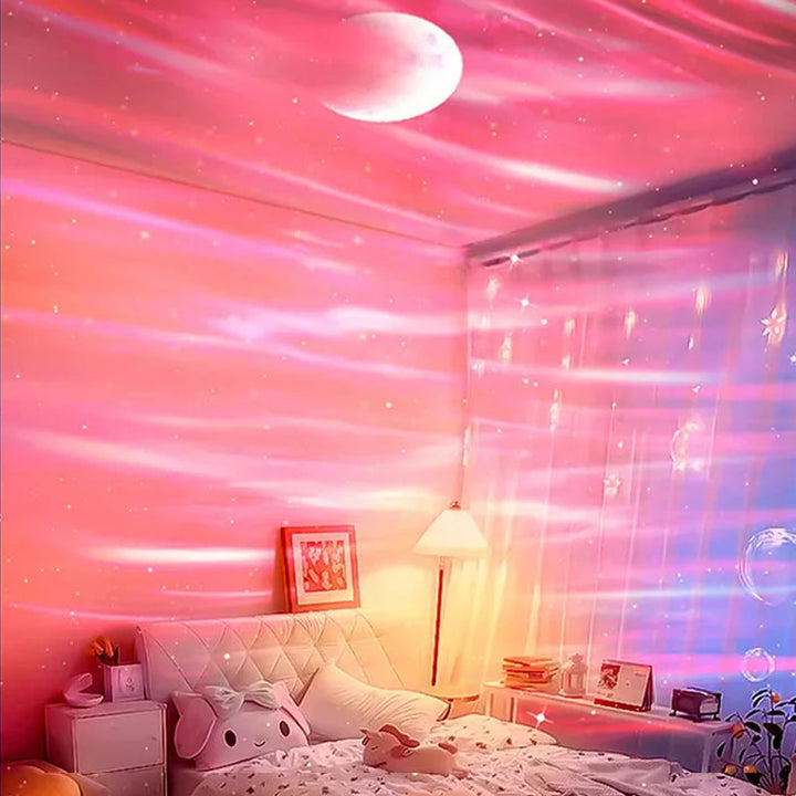 "Automatisk stjärnhimmel lampa med 3D-effekt, RGB-färger och fjärrkontroll för hemmet. Elegant och fascinerande belysning."
