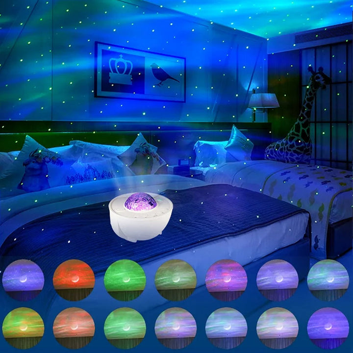 "Automatisk stjärnhimmel lampa med 3D-effekt, RGB-färger och fjärrkontroll för hemmet. Elegant och fascinerande belysning."