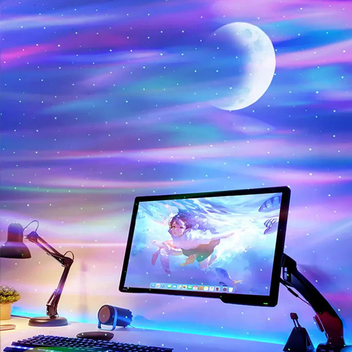 "Automatisk stjärnhimmel lampa med 3D-effekt, RGB-färger och fjärrkontroll för hemmet. Elegant och fascinerande belysning."