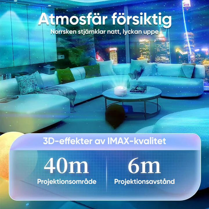 "Automatisk stjärnhimmel lampa med 3D-effekt, RGB-färger och fjärrkontroll för hemmet. Elegant och fascinerande belysning."