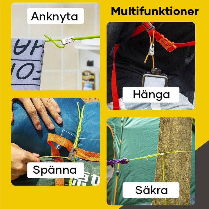"Automatisk tältlåskroka, repspännare, kompakt och bärbar, i användning för att säkra tält och utrustning utomhus."