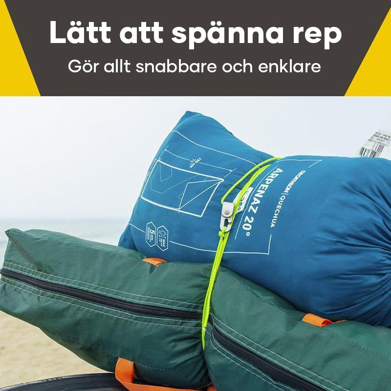 "Automatisk tältlåskroka, repspännare, kompakt och bärbar, i användning för att säkra tält och utrustning utomhus."