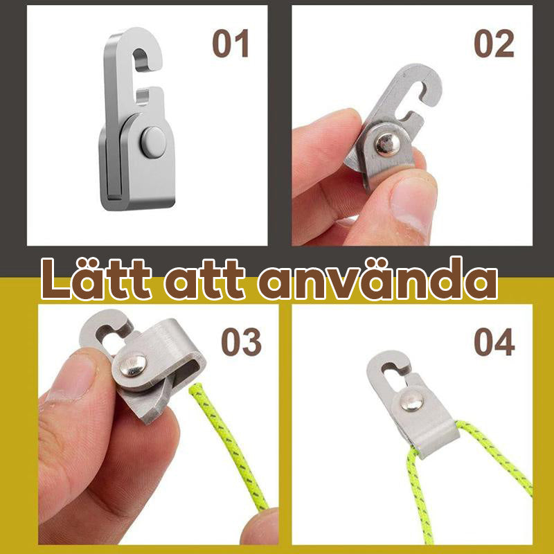 "Automatisk tältlåskroka, repspännare, kompakt och bärbar, i användning för att säkra tält och utrustning utomhus."