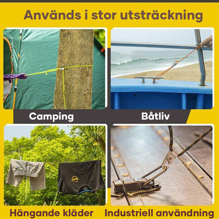 "Automatisk tältlåskroka, repspännare, kompakt och bärbar, i användning för att säkra tält och utrustning utomhus."