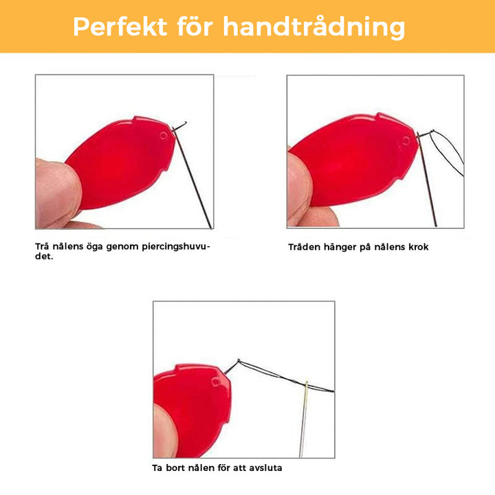 "Automatisk trådare i stark plast med rundade hörn, enkel knappfunktion för smidig trådning vid handsömnad."