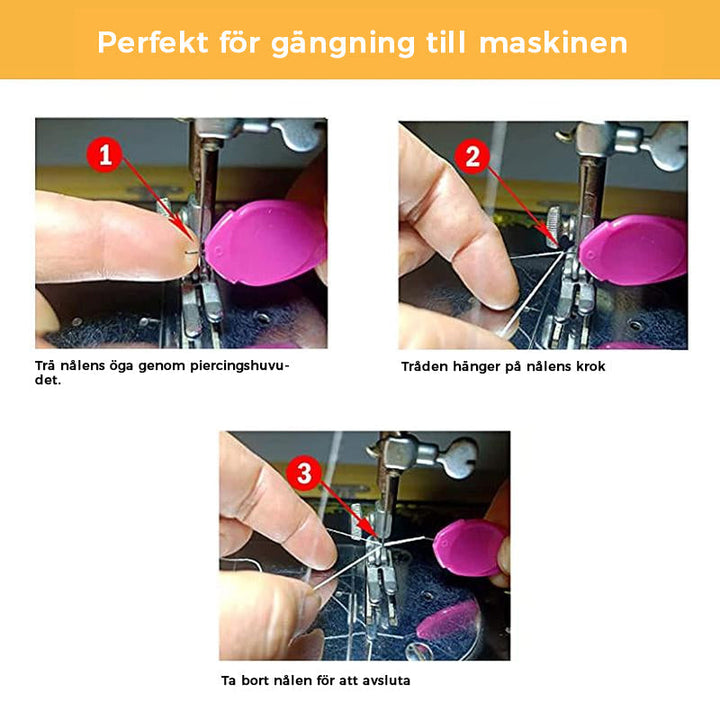 "Automatisk trådare i stark plast med rundade hörn, enkel knappfunktion för smidig trådning vid handsömnad."