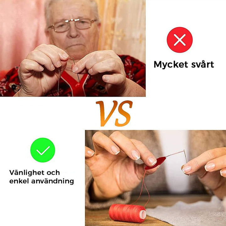 "Automatisk trådare i stark plast med rundade hörn, enkel knappfunktion för smidig trådning vid handsömnad."