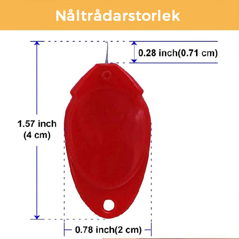 "Automatisk trådare i stark plast med rundade hörn, enkel knappfunktion för smidig trådning vid handsömnad."