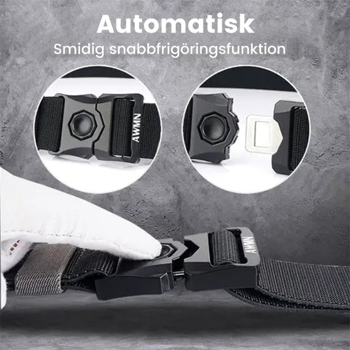 "Automatiskt spänne herrbälte i slitstarkt nylon, justerbart för olika stilar, finns i flera färger."