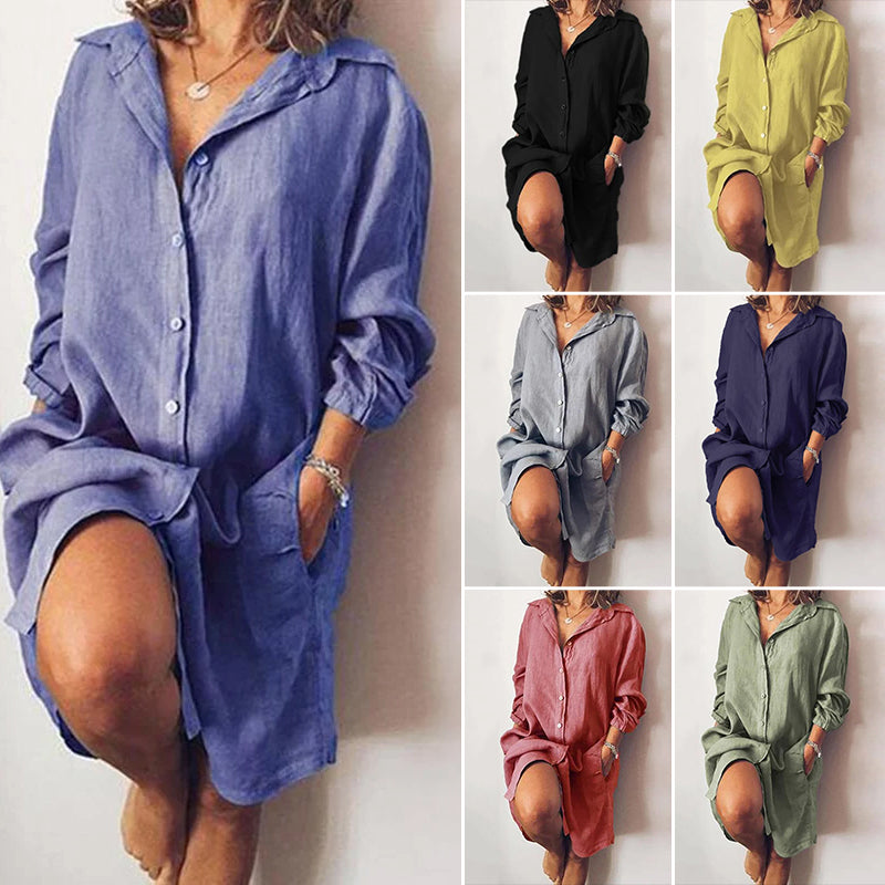 "Avslappnad damblus i ren färg med skjortkrage, långärmad, enfärgad, casual stil för vår och sommar."