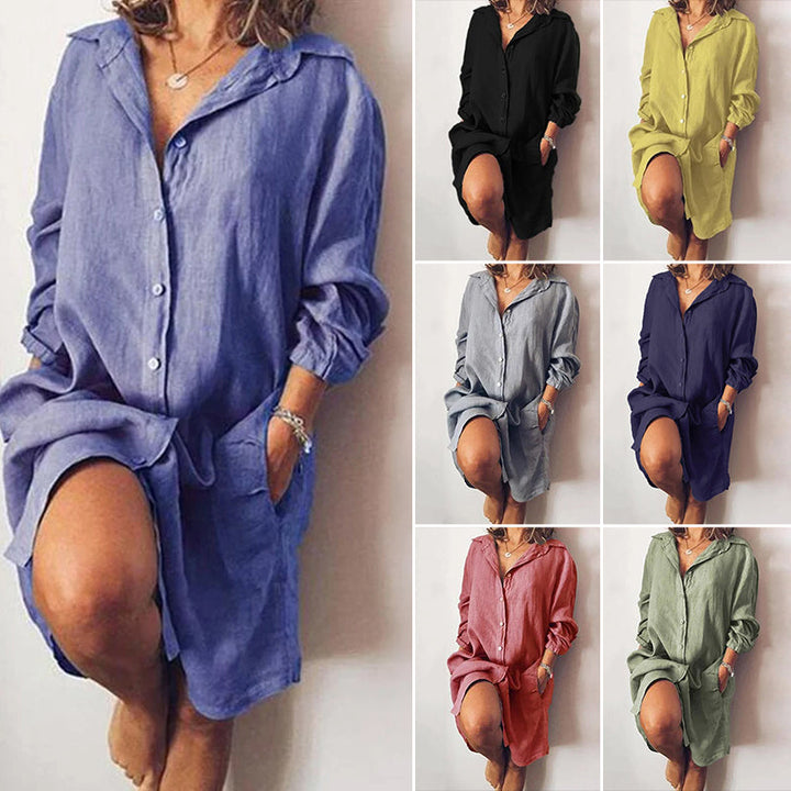 "Avslappnad damblus i ren färg med skjortkrage, långärmad, enfärgad, casual stil för vår och sommar."