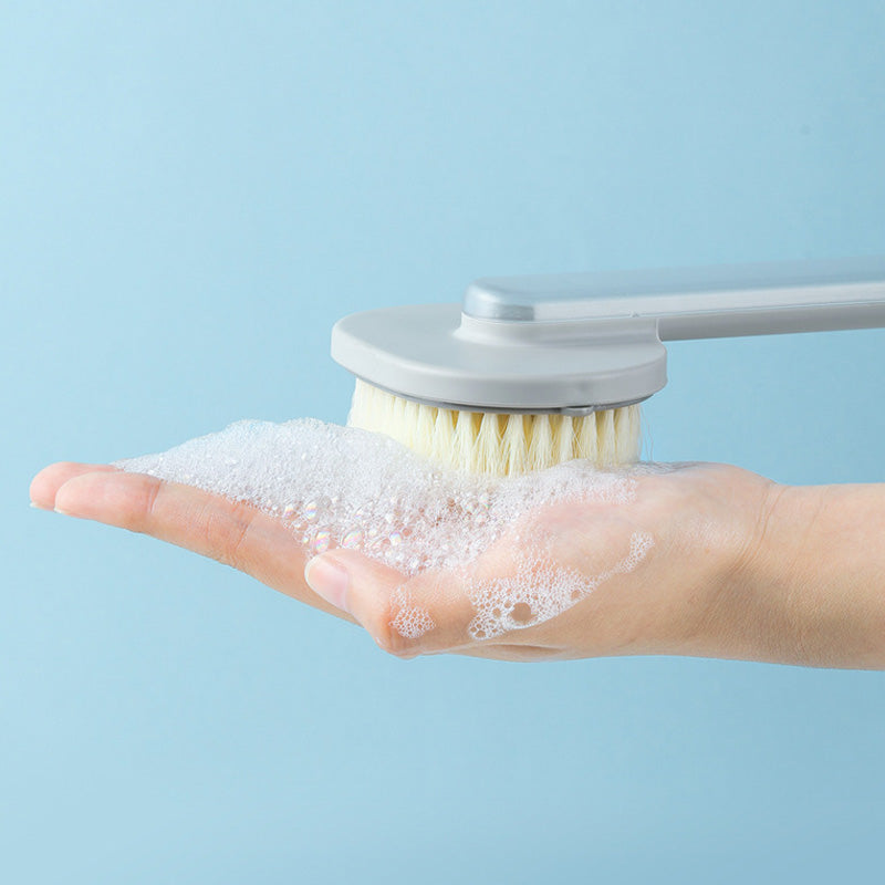"Avtagbar badmassageborste med långt handtag, ergonomisk design, exfolierar huden, nylonborst, pastellfärger"