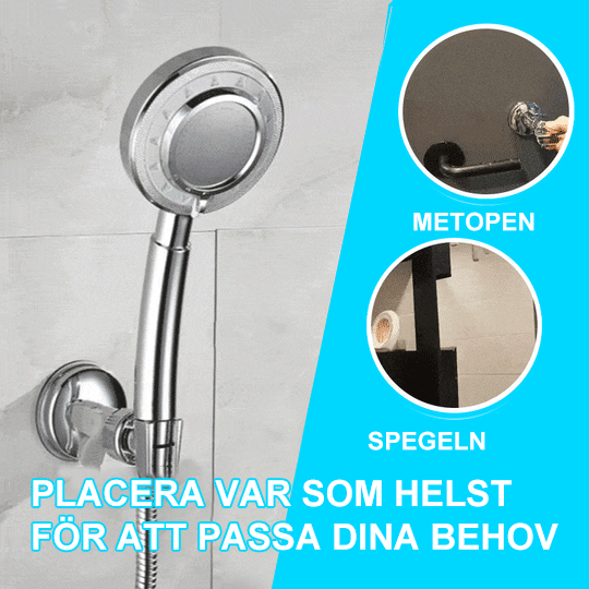 "Avtagbart handsfritt duschhuvud med sugkopp, modernt utseende, enkel installation utan borrning, justerbart och roterbart."