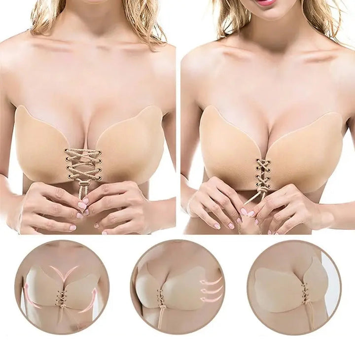 "Axelbandslös push-up BH i hudfärgad design, återanvändbar, med silikonklister, perfekt för baraxlade klänningar."
