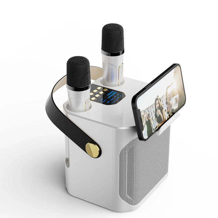 Svart bärbar Bluetooth boombox festhögtalare med kraftfull subwoofer och 360° ljud.
