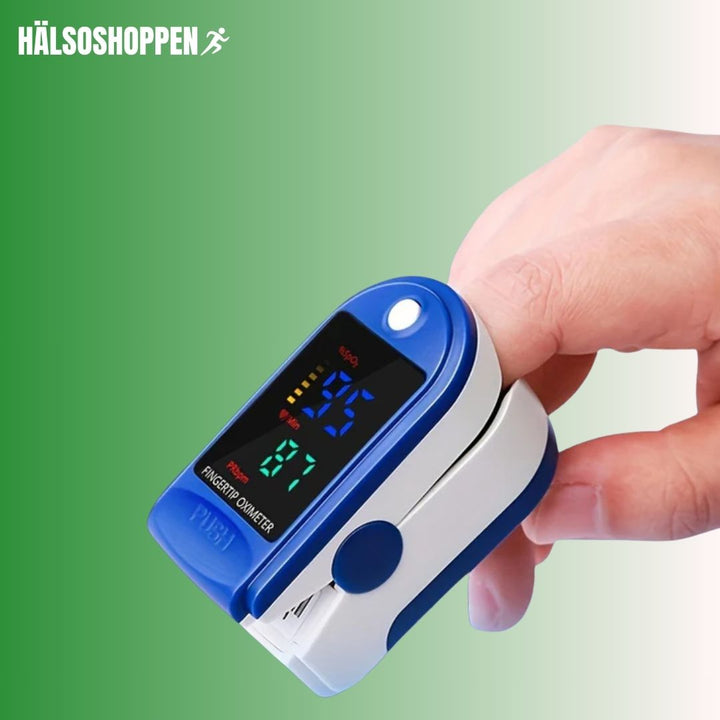 Kompakt fingertoppspulsoximeter med tydlig display, mäter syremättnad och puls. Perfekt för hälsoövervakning.