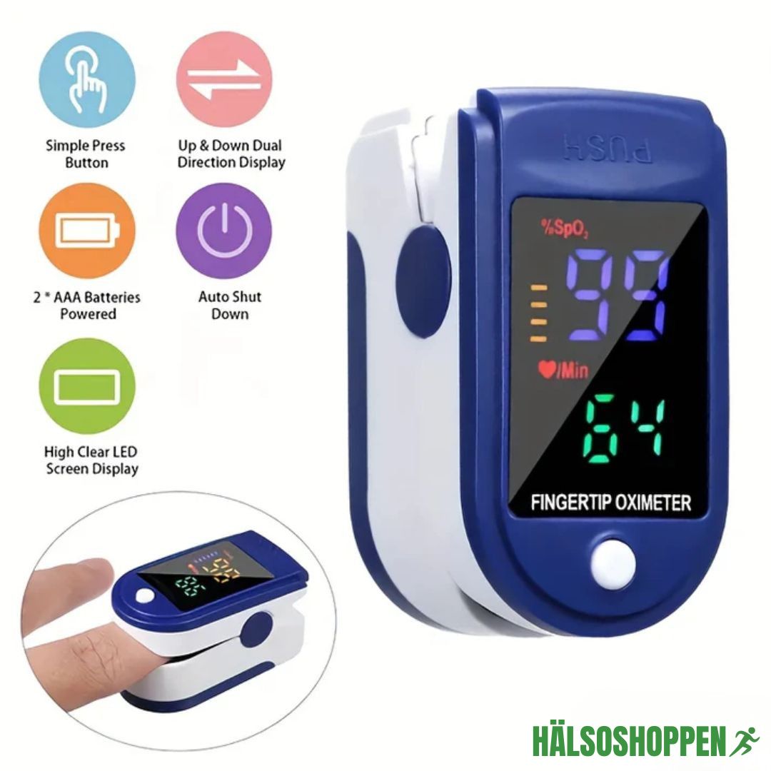 Digital pulsoximeter för fingertoppen, essentiell för att övervaka SpO2 och pulsfrekvens vid hemvård, sport och medicinsk användning.