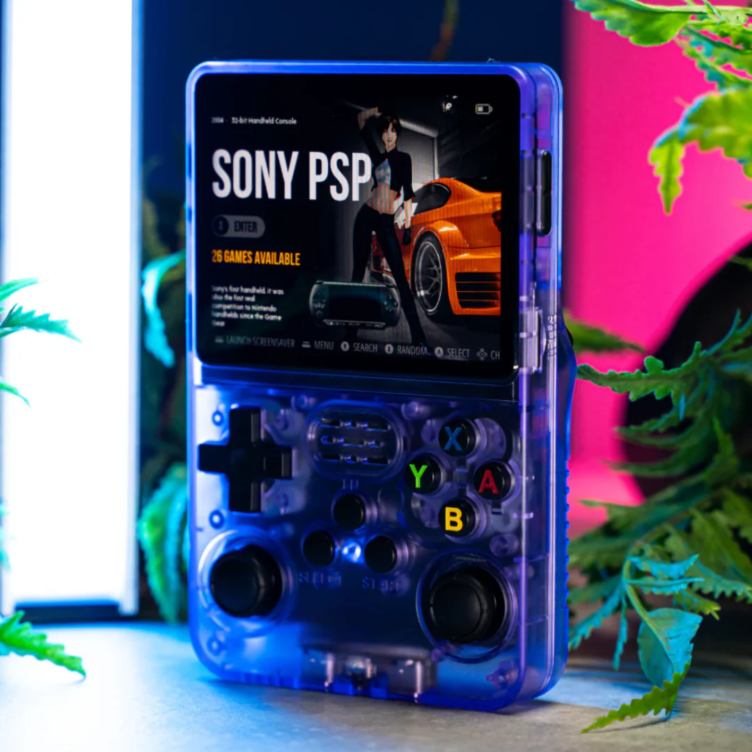 Kompakt handhållen spelkonsol med HDMI för att spela retrospel på stor skärm.