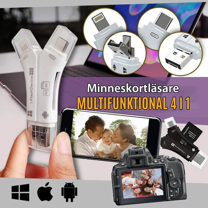 "Bärbar 4-i-1 minneskortläsare i modern design, stödjer iOS, Android, Mac, Windows. Finns i guld, svart, vit."