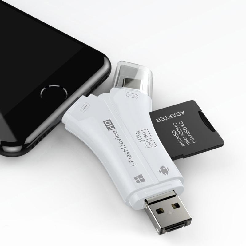 "Bärbar 4-i-1 minneskortläsare i modern design, stödjer iOS, Android, Mac, Windows. Finns i guld, svart, vit."