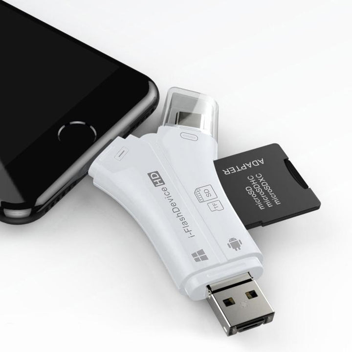 "Bärbar 4-i-1 minneskortläsare i modern design, stödjer iOS, Android, Mac, Windows. Finns i guld, svart, vit."