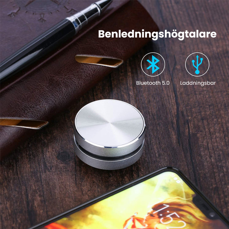 "Bärbar benledning Bluetooth-högtalare, kompakt och rund design, silverfärgad med grå detaljer, lätt att ta med."