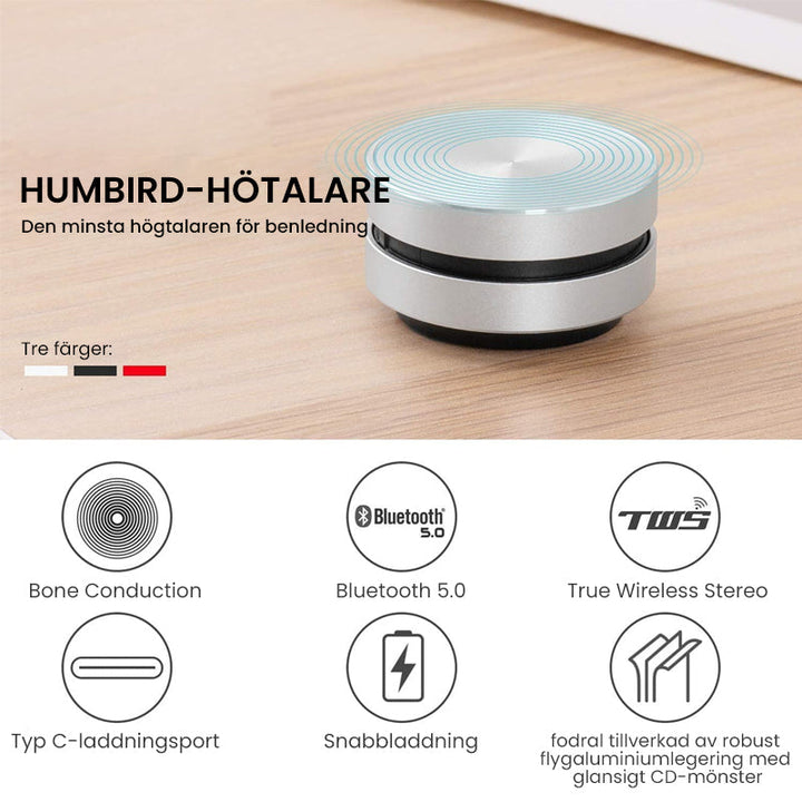 "Bärbar benledning Bluetooth-högtalare, kompakt och rund design, silverfärgad med grå detaljer, lätt att ta med."