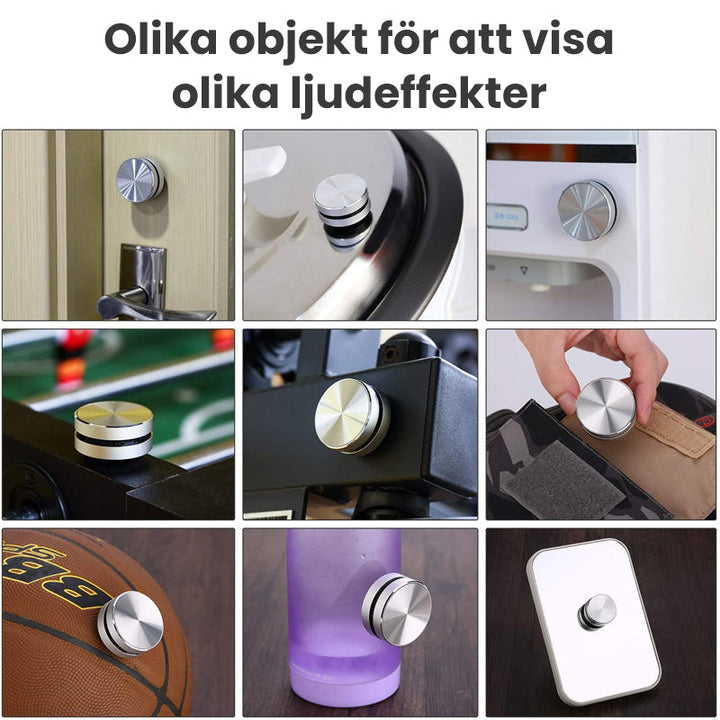 "Bärbar benledning Bluetooth-högtalare, kompakt och rund design, silverfärgad med grå detaljer, lätt att ta med."