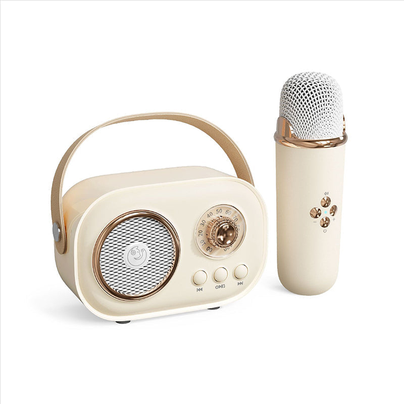 "Bärbar Bluetooth-högtalare för barn med trådlös mikrofon, kompakt design, perfekt för karaoke och musikupplevelser."