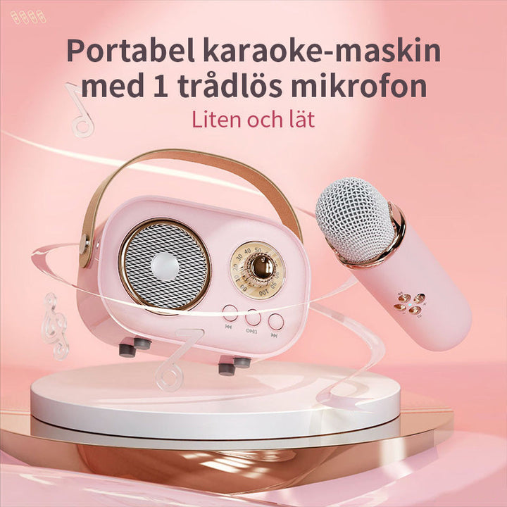 "Bärbar Bluetooth-högtalare för barn med trådlös mikrofon, kompakt design, perfekt för karaoke och musikupplevelser."