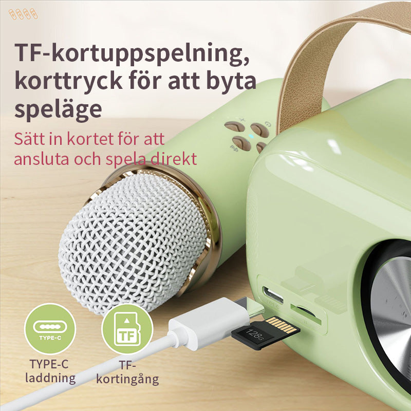 "Bärbar Bluetooth-högtalare för barn med trådlös mikrofon, kompakt design, perfekt för karaoke och musikupplevelser."