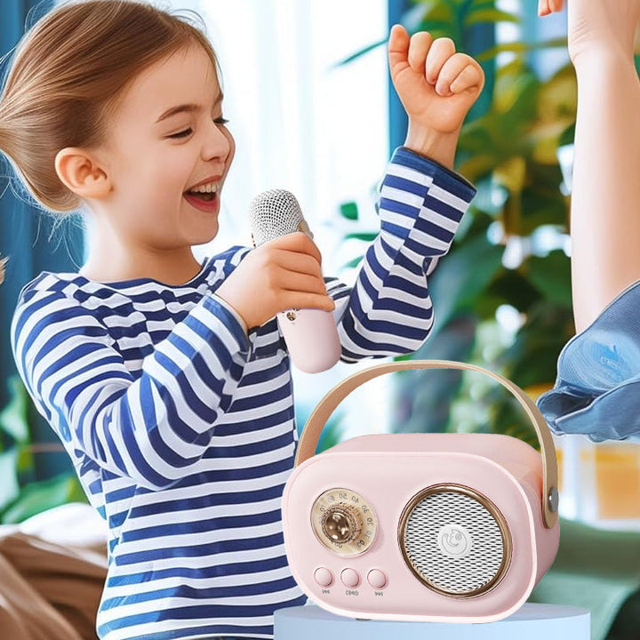 "Bärbar Bluetooth-högtalare för barn med trådlös mikrofon, kompakt design, perfekt för karaoke och musikupplevelser."