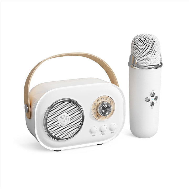 "Bärbar Bluetooth-högtalare för barn med trådlös mikrofon, kompakt design, perfekt för karaoke och musikupplevelser."
