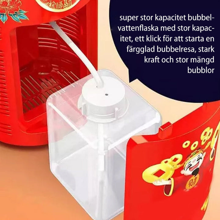 "Bärbar bubbelmaskin med 20-hålsdesign, skapar färgglada bubblor, perfekt för barnkalas och utomhuslekar."