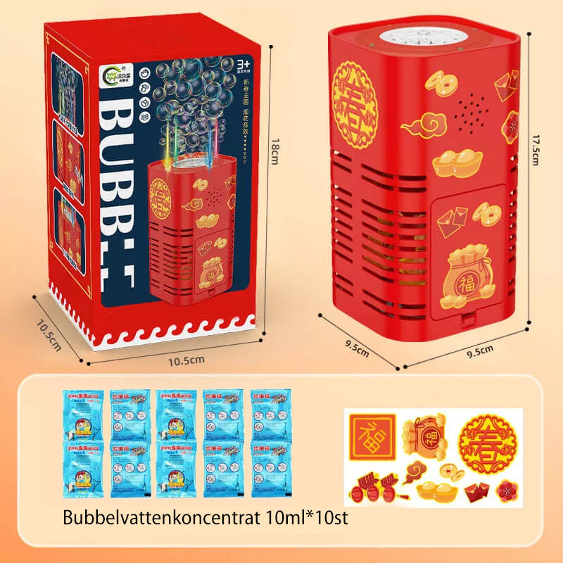 "Bärbar bubbelmaskin med 20-hålsdesign, skapar färgglada bubblor, perfekt för barnkalas och utomhuslekar."