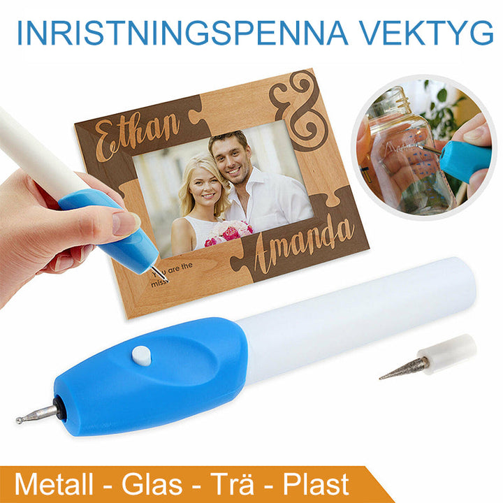 "Bärbar elektrisk gravyrpenna för exakta graveringsdetaljer på metall, trä, glas och plast. Perfekt för DIY och professionell