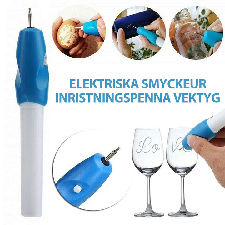 "Bärbar elektrisk gravyrpenna för exakta graveringsdetaljer på metall, trä, glas och plast. Perfekt för DIY och professionell