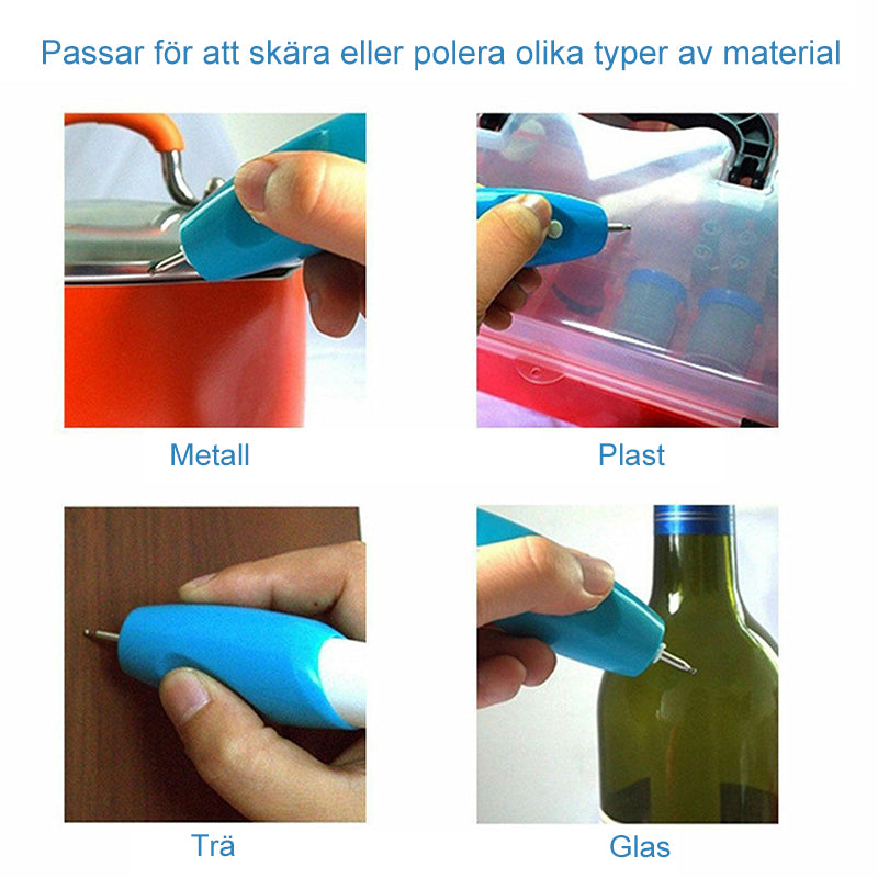 "Bärbar elektrisk gravyrpenna för exakta graveringsdetaljer på metall, trä, glas och plast. Perfekt för DIY och professionell