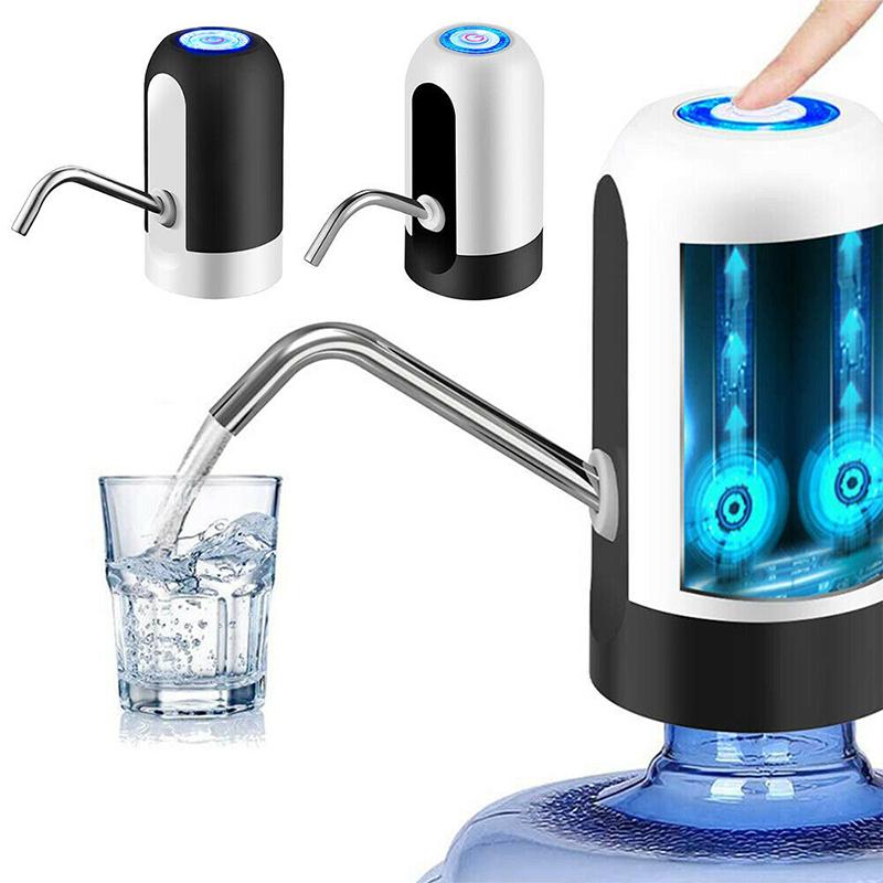 Bärbar elektrisk vattendispenser i vit ABS och stål, kompakt, med USB-laddning, perfekt för camping och utflykter.