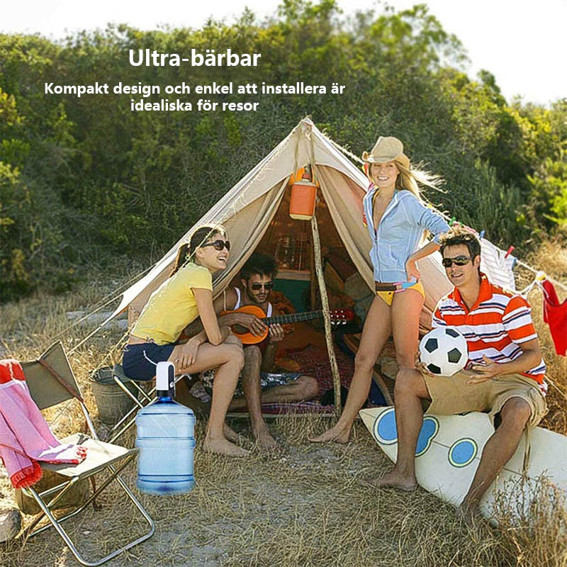 Bärbar elektrisk vattendispenser i vit ABS och stål, kompakt, med USB-laddning, perfekt för camping och utflykter.