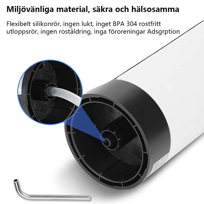 Bärbar elektrisk vattendispenser i vit ABS och stål, kompakt, med USB-laddning, perfekt för camping och utflykter.