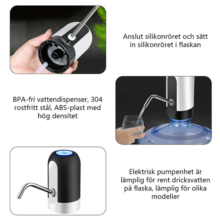 Bärbar elektrisk vattendispenser i vit ABS och stål, kompakt, med USB-laddning, perfekt för camping och utflykter.