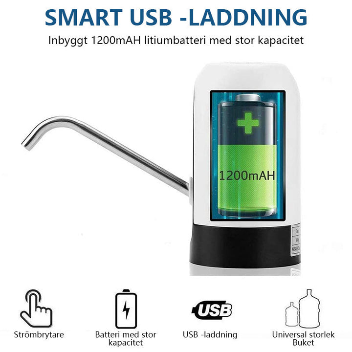 Bärbar elektrisk vattendispenser i vit ABS och stål, kompakt, med USB-laddning, perfekt för camping och utflykter.