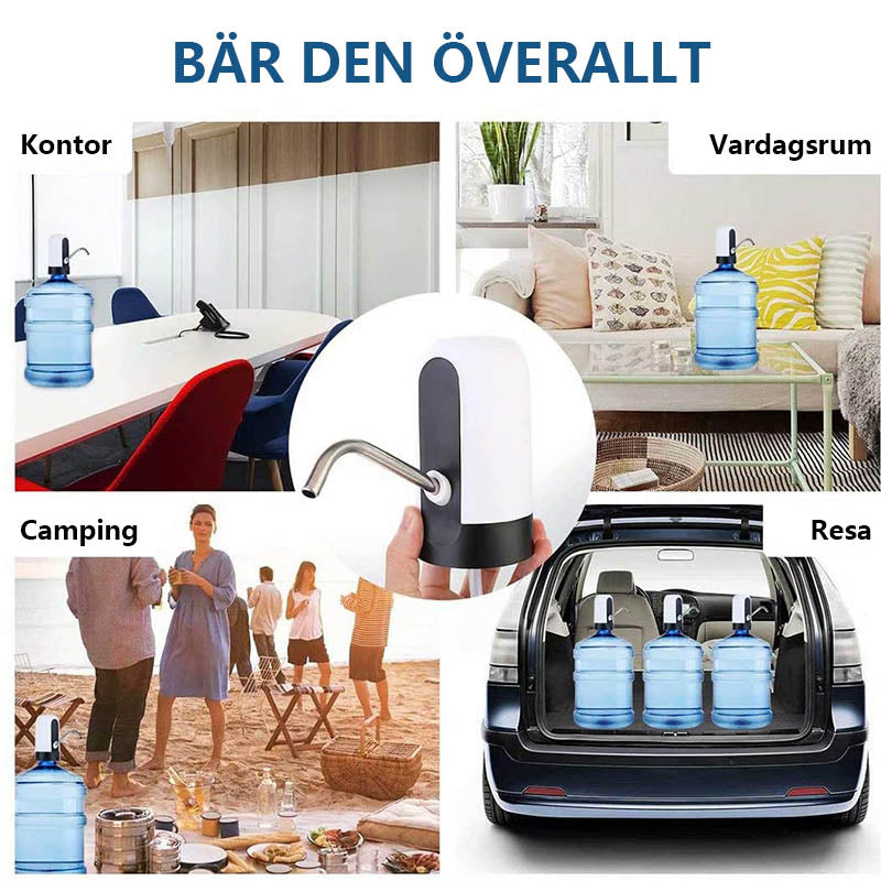 Bärbar elektrisk vattendispenser i vit ABS och stål, kompakt, med USB-laddning, perfekt för camping och utflykter.