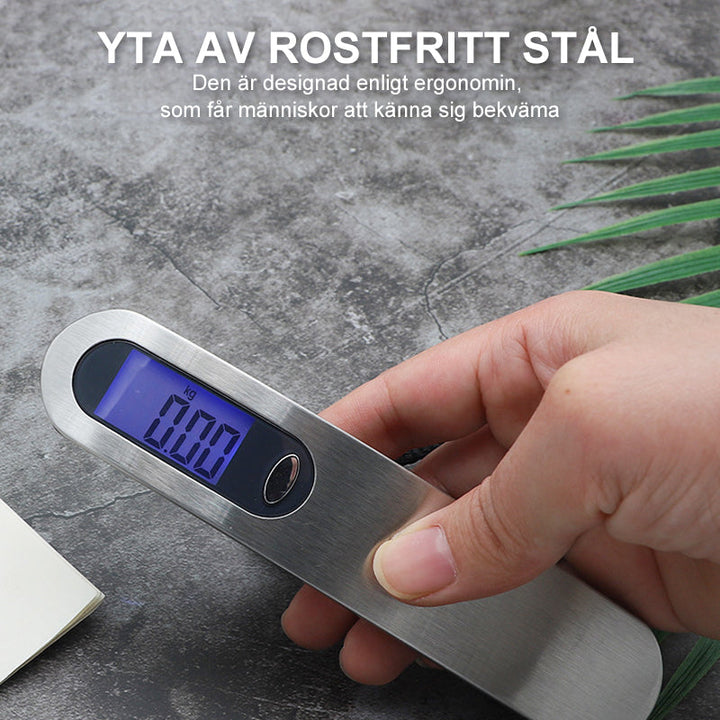 "Bärbar elektronisk krokskala i rostfritt stål, kompakt och hållbar, visar vikt digitalt för fiske och resor."