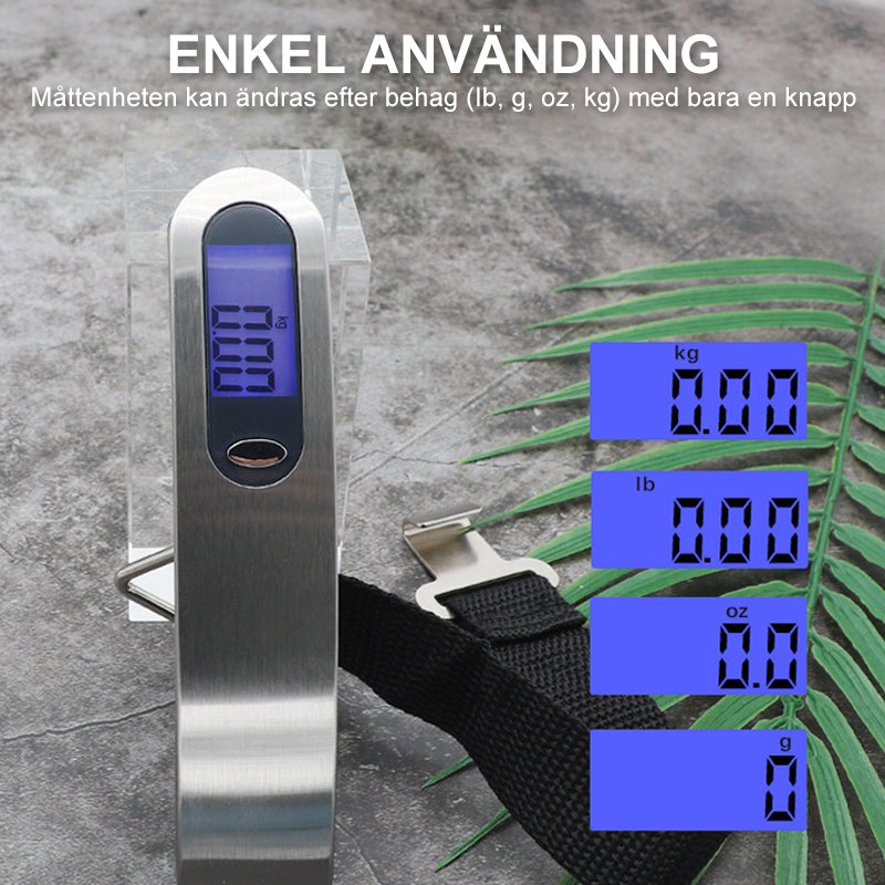 "Bärbar elektronisk krokskala i rostfritt stål, kompakt och hållbar, visar vikt digitalt för fiske och resor."